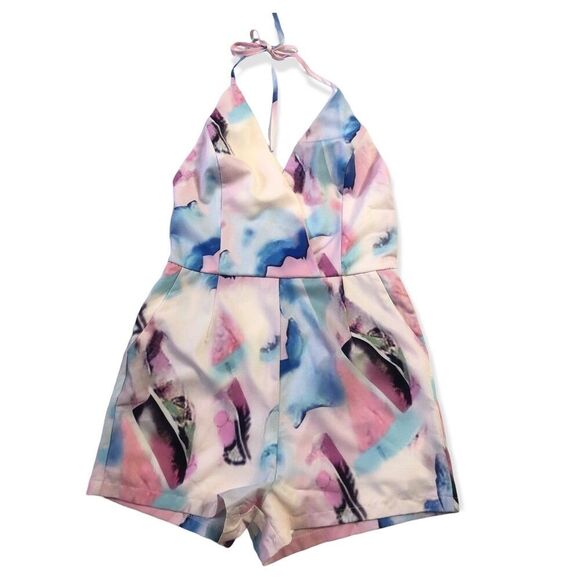 Tea & Cup V-neck Halter Watercolor Romper - Picture 2 of 6